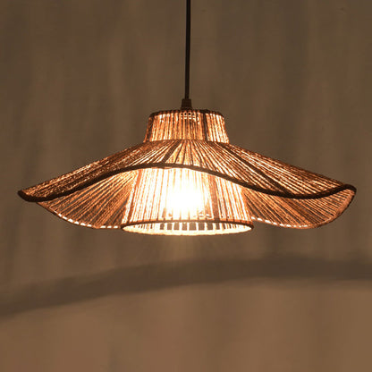 Traditional Vintage Weaving Iron Paper Rope Hat Cylinder 1-Light Pendant Light For Dining Room