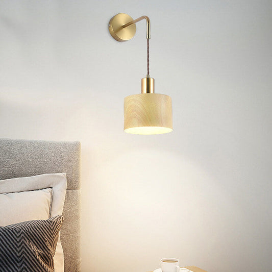 Nordic Minimalist Wood Grain Drum 1-Light Wall Sconce Lamp