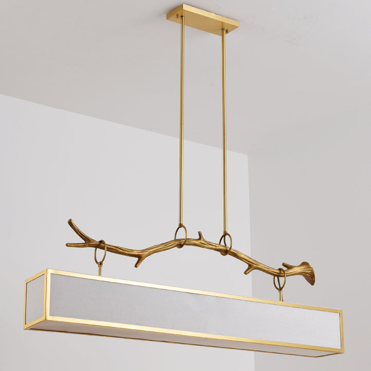 Modern Art Deco Full Copper Branch Fabric Rectangle Shade 1-Light Island Light Pendant Light For Living Room