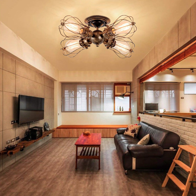 Contemporary Industrial Iron Cage Grill 3/4 Light Semi-Flush Mount Ceiling Light For Living Room
