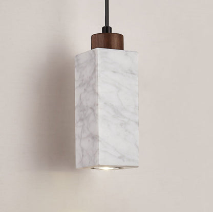Modern Minimalist Rectangular Solid Wood Marble 1-Light Pendant Light For Bedroom