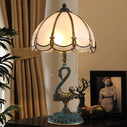 European Luxury Stained Glass Swan Base Copper 2-Light Table Lamp