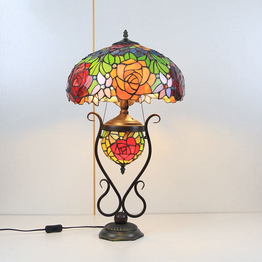 Tiffany European Vintage Floral Stained Glass Round Pot 3-Light Table Lamp