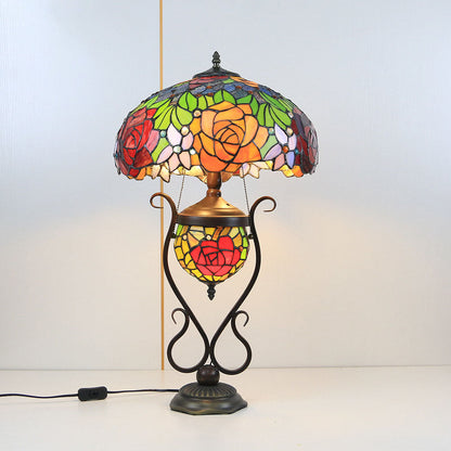 Tiffany European Vintage Floral Stained Glass Round Pot 3-Light Table Lamp