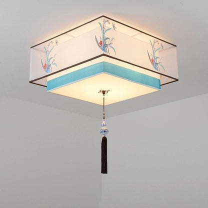 Traditional Chinese Iron Embroidered Fabric Shade 4-Light Flush Mount Ceiling Light For Bedroom