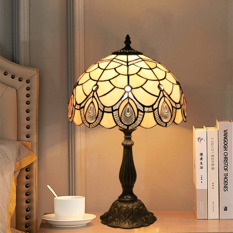 Tiffany Retro Lotus Resin Base Stained Glass 1-Light Table Lamp