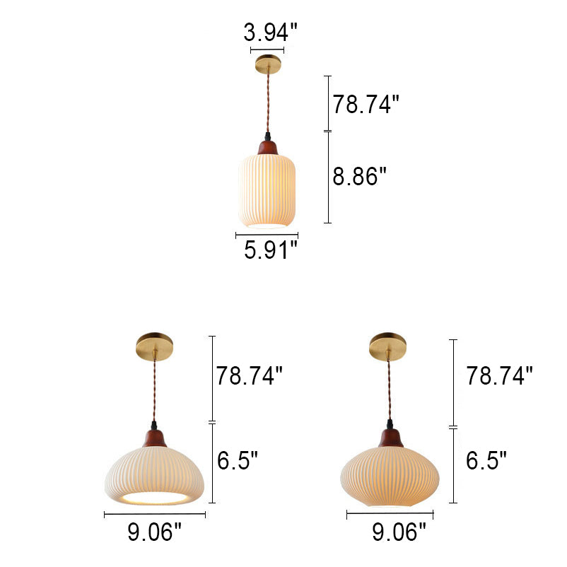 Japanese Vintage Pleated Ceramic Round Dome Wood 1-Light Pendant Light