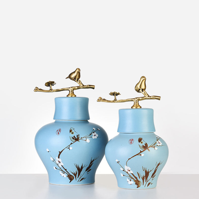 Traditional Chinese Plum Blossom Cylindrical Copper Ceramic Fabric 1-Light Table Lamp For Bedroom