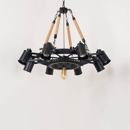 Industrial Retro Gear Wrought Ion Hemp Rope 6/8/10-Light Chandelier