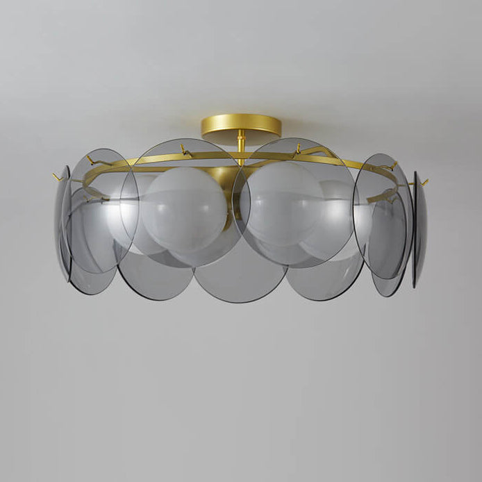Modern Mid-Century Golden Finish Frame Glass Ball Shade 4/6-Light Semi-Flush Mount Ceiling Light For Living Room