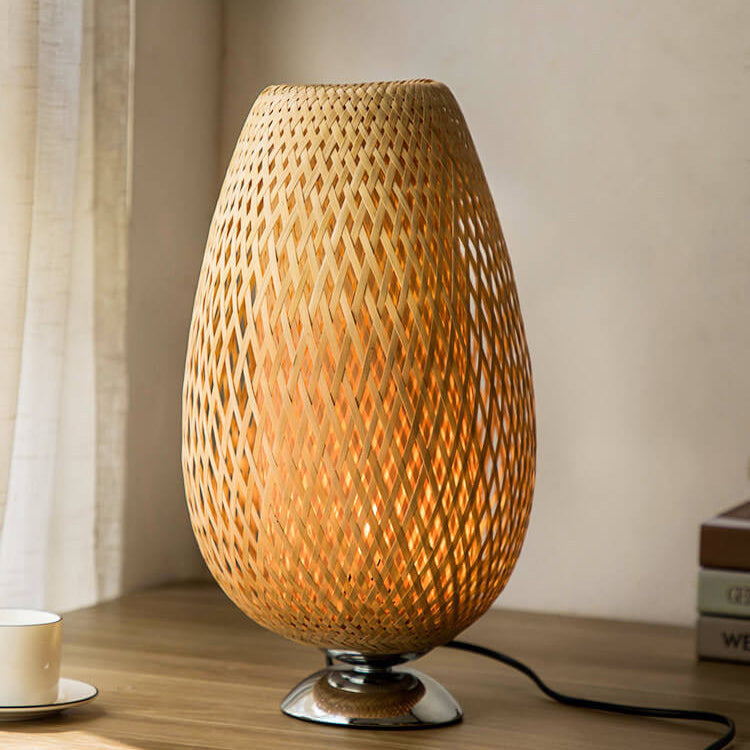 Chinese Minimalist Bamboo Weaving Oval Round 1-Light Table Lamp