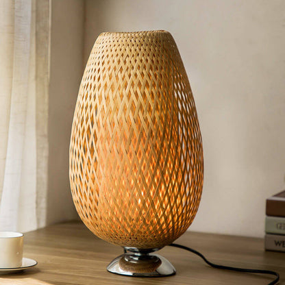 Chinese Minimalist Bamboo Weaving Oval Round 1-Light Table Lamp