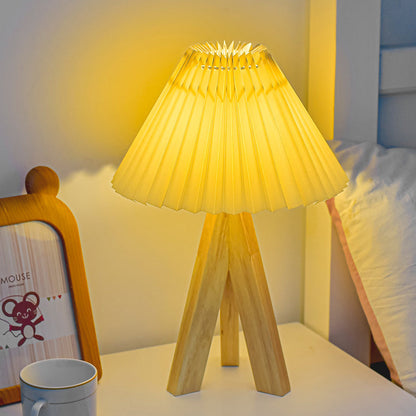 Contemporary Boho Round Cone Tripod Base Fabric Solid Wood LED Table Lamp for Bedroom
