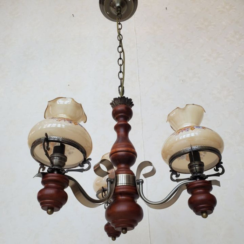 Traditional Rustic Candelabra Round Flower Iron Solid Wood 3-Light Chandelier For Living Room