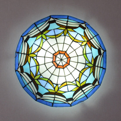 European Stained Glass Tiffany Round Various Pattern Designs 2/3 Light Flush Mount Light