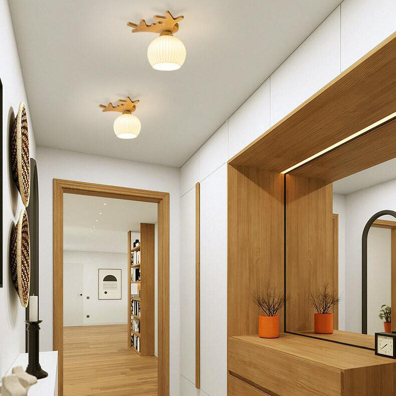 Nordic Simple Solid Wood Antler Glass Dome 1-Light Semi-Flush Mount Ceiling Light