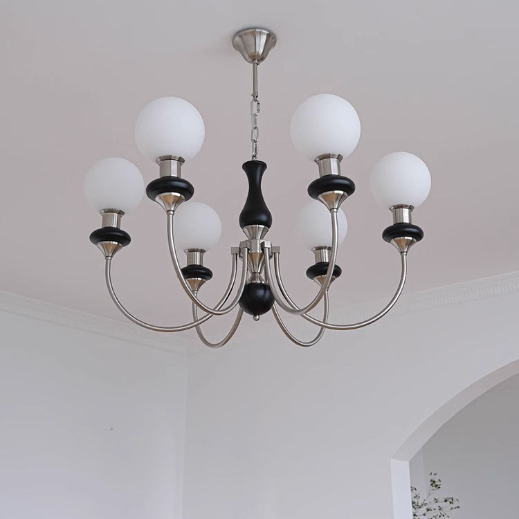 Traditional Vintage Branch Curved Pole Orb Iron Wood Glass 3/5/6 Light Chandelier For Living Room
