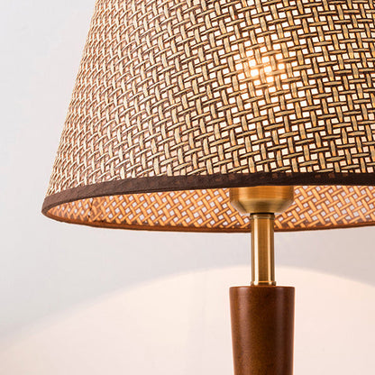Traditional Vintage Fabric Round Shade Wood Metal Base 1-Light Table Lamp For Bedroom