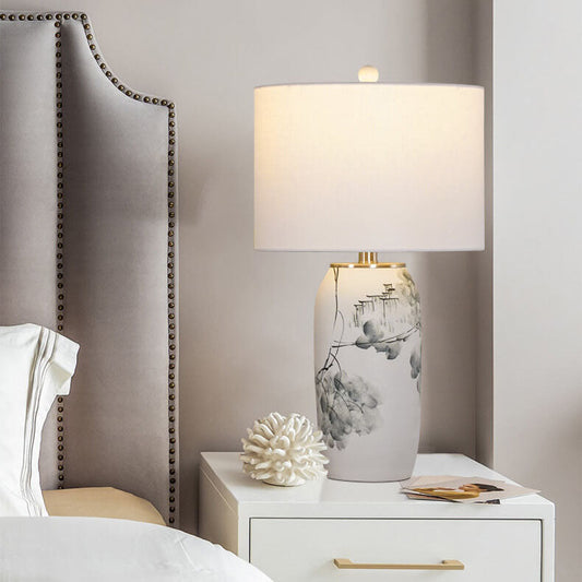 Modern Chinese Ink Painting Ceramic Fabric 1-Light Table Lamp