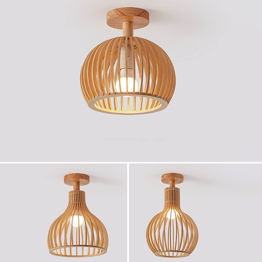Nordic Wood Geometric Round 1-Light Semi-Flush Mount Ceiling Light