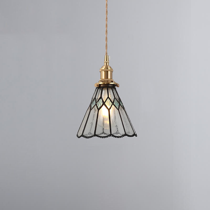Japanese Vintage Brass Stained Glass Cone 1-Light Pendant Light