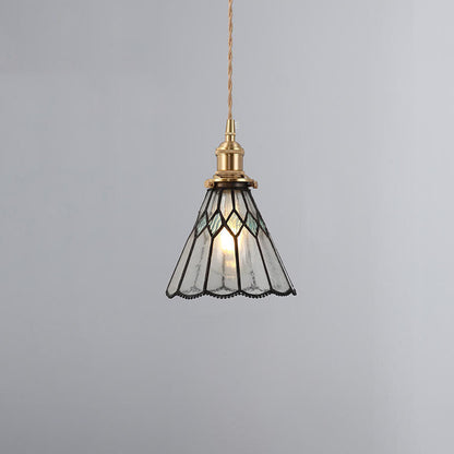 Japanese Vintage Brass Stained Glass Cone 1-Light Pendant Light