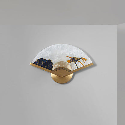 Modern Chinese Glass Folding Fan Shaped Brass LED Wall Sconce Lamp