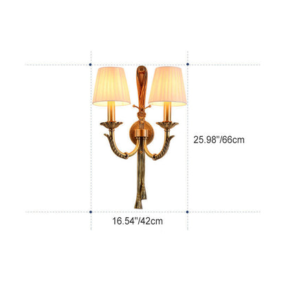 Contemporary Scandinavian Floral Round Candle Holder Full Brass Fabric 2-Light Wall Sconce Lamp For Living Room