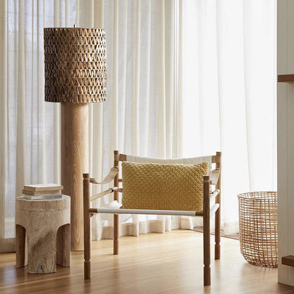 Modern Simple Wood Rattan Woven Long Body Cylinder 1-Light Standing Floor Lamp