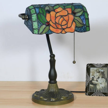 Tiffany Vintage Blooming Flowers Stained Glass 1-Light Bank Table Lamp