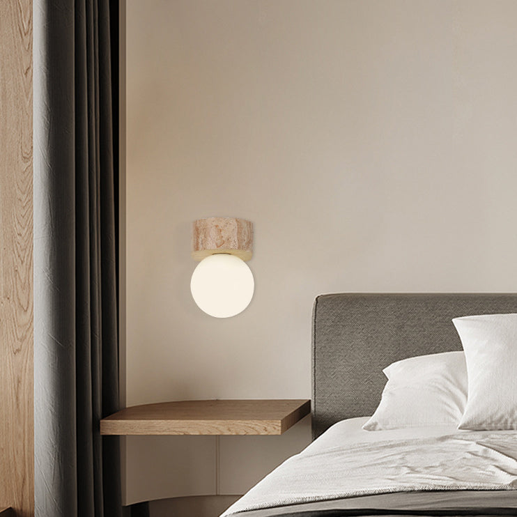 Traditional Japanese Stone Wooden Globe 1-Light Wall Sconce Lamp For Bedroom