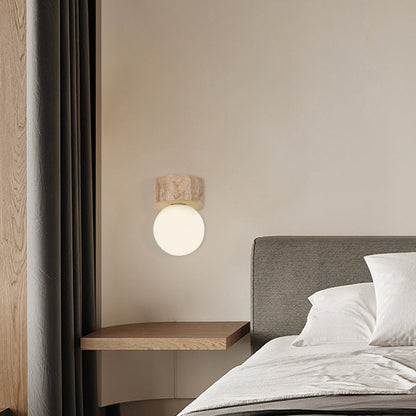 Traditional Japanese Stone Wooden Globe 1-Light Wall Sconce Lamp For Bedroom