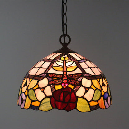 Tiffany Vintage Butterfly Stained Glass Dome 1-Light Pendant Light