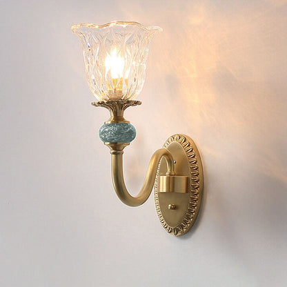 European Luxury Floral Glass Brass Curved Arm 1/2 Light Wall Sconce Lamp