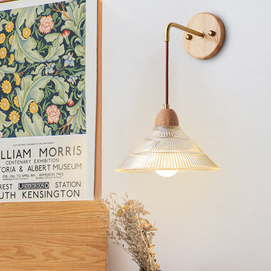 Contemporary Retro Cylinder Petal Cone Solid Wood Glass 1-Light Wall Sconce Lamp For Bedroom