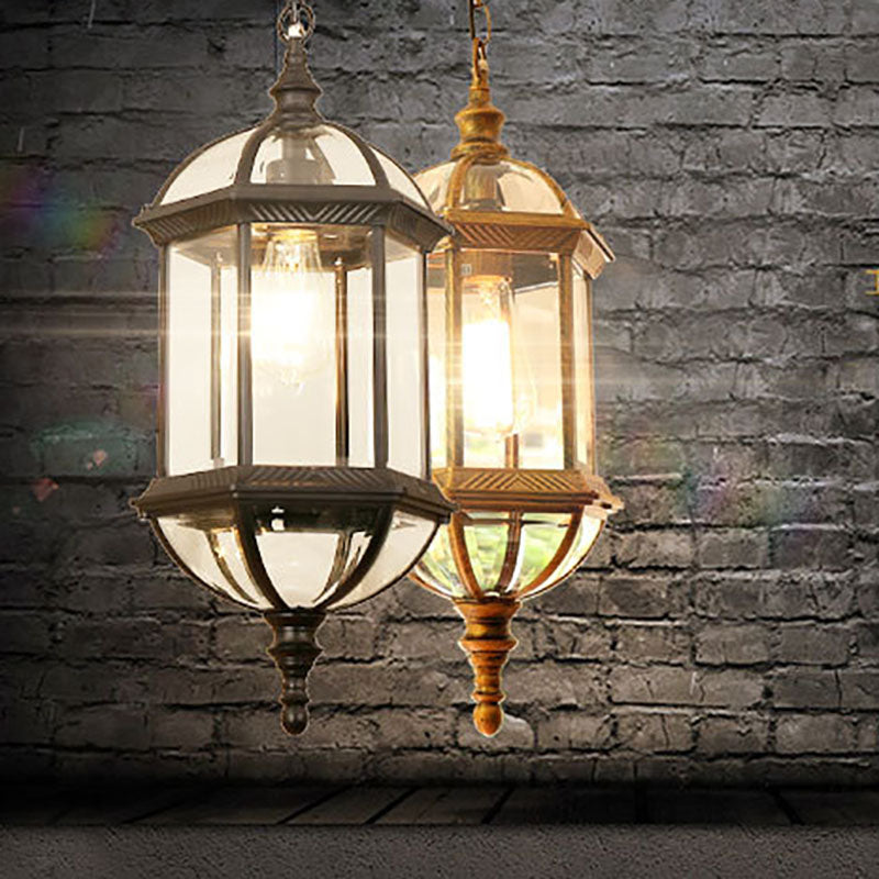 Contemporary Retro Hexagonal Lantern Glass Aluminum 1-Light Waterproof Pendant Light For Outdoor Patio