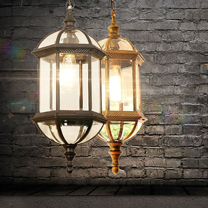 Contemporary Retro Hexagonal Lantern Glass Aluminum 1-Light Waterproof Pendant Light For Outdoor Patio