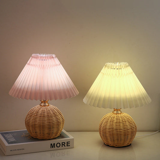 Contemporary Nordic Rattan Fabric Pleated Conic Ball LED Table Lamp For Bedroom