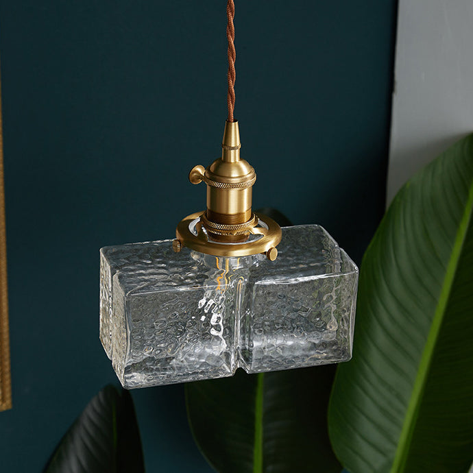 Contemporary Vintage Rectangular Square Draped Glass Brass 1-Light Pendant Light For Living Room