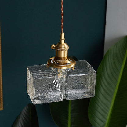 Contemporary Vintage Rectangular Square Draped Glass Brass 1-Light Pendant Light For Living Room