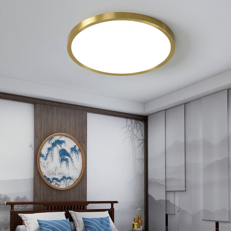 Traditional Chinese Copper Acrylic Round Lotus Bamboo Ginkgo Leaves LED Flush Mount Ceiling Light For Living Room