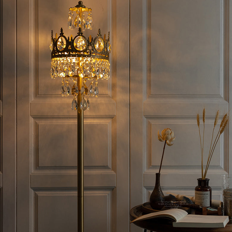 Traditional Luxury Copper Brass Crystal Crown Pendant 3-Light Standing Floor Lamp For Bedroom