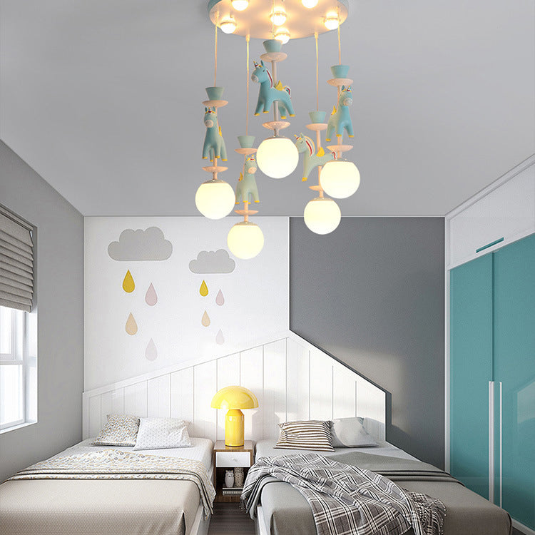 Modern Art Deco Kids Iron Resin Glass Round Base Ball Horse 1/3/5 Light Flush Mount Ceiling Light For Bedroom