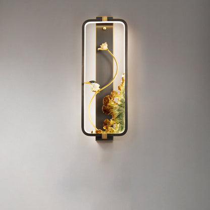 Traditional Chinese Lotus Enamel Copper Rectangular Frame LED Wall Sconce Lamp For Bedroom