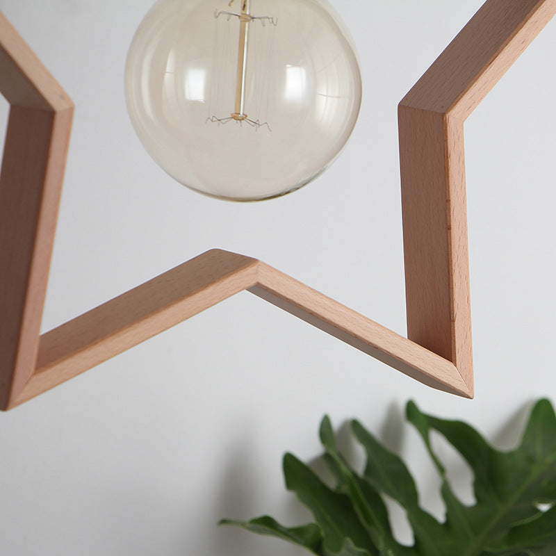 Contemporary Creative Solid Wood Pentagram Star 1-Light Pendant Light For Living Room