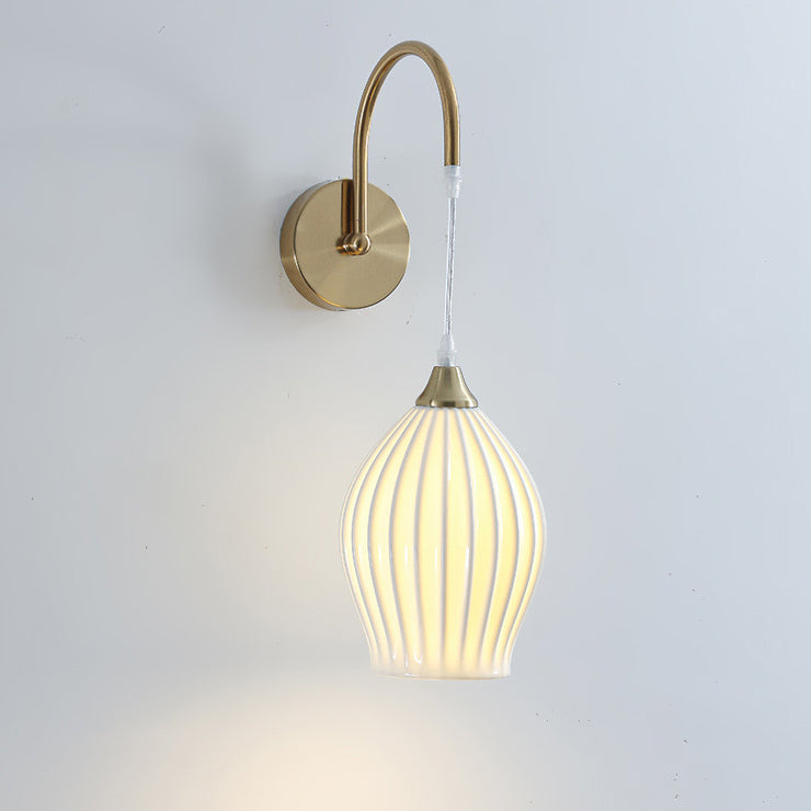 Traditional French Iron Ceramic Ball Ribbed Flower Bud 1-Light Wall Sconce Lamp For Bedside