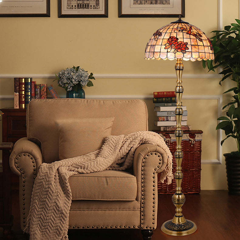 Traditional Tiffany Brass Shell Dome Rose Dragonfly 3-Light Standing Floor Lamp For Living Room