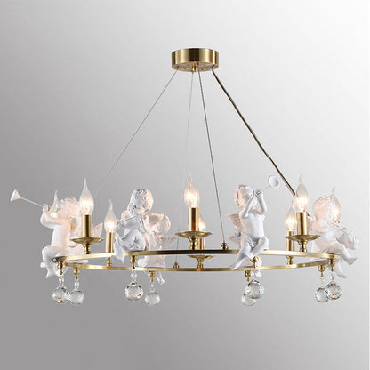 Traditional Vintage Angel Candle Crystal Round ABS Copper 3/6/8 Light Chandelier For Living Room