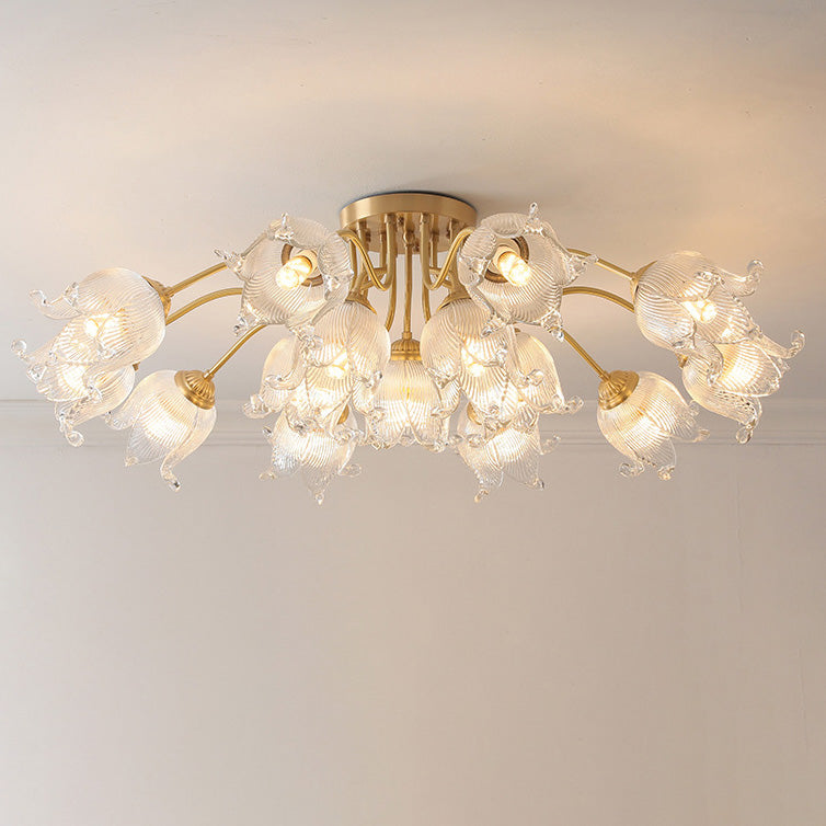 Traditional European Copper Glass Flower 5/12/15 Light Semi-Flush Mount Ceiling Light For Living Room