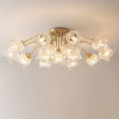 Traditional European Copper Glass Flower 5/12/15 Light Semi-Flush Mount Ceiling Light For Living Room